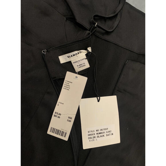 NWT Glamorous Urban Outfitters Black Satin Rhinestone Fringe Mini Dress Size L - Picture 9 of 9